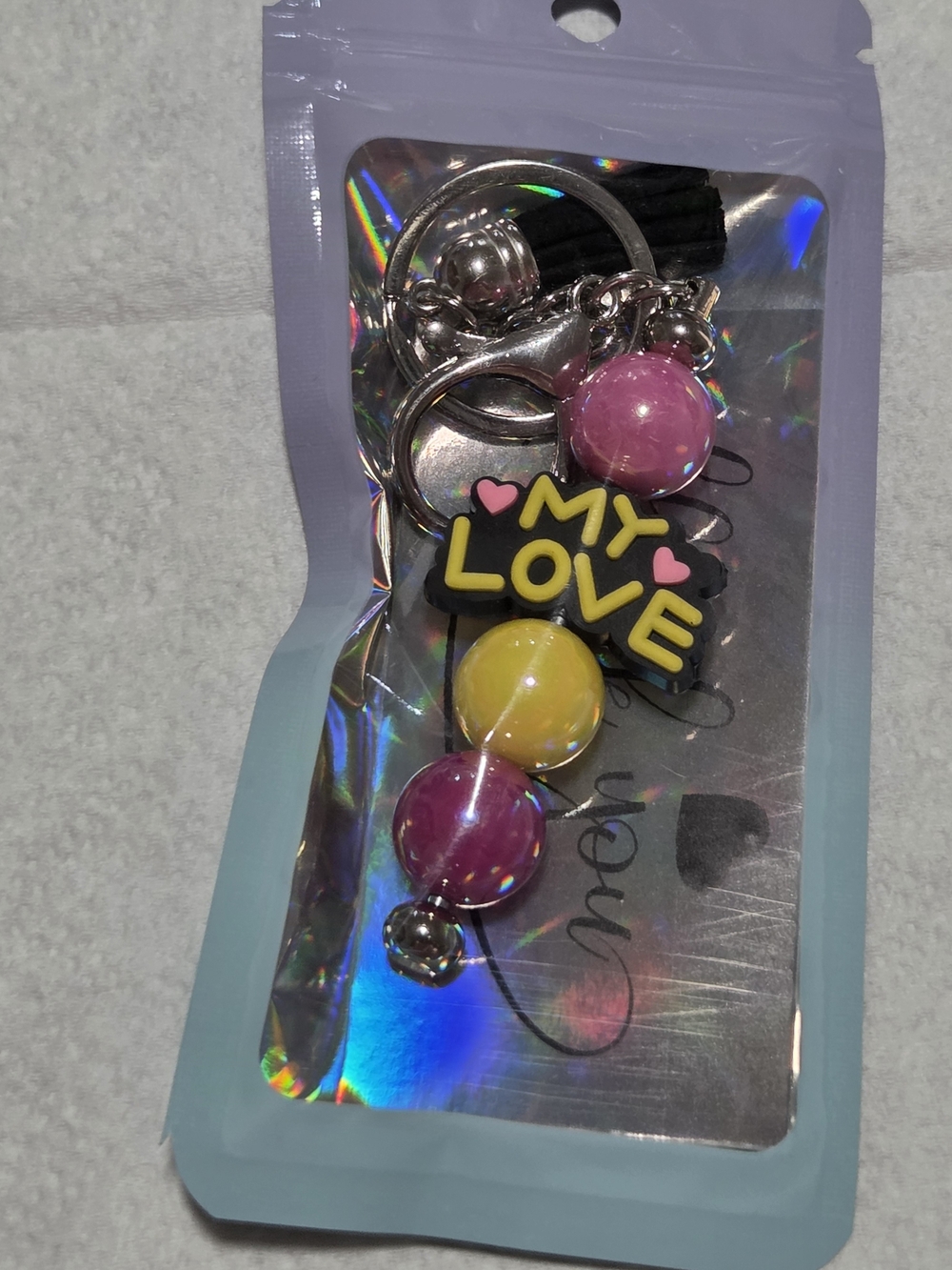 'MY LOVE' Beaded Keychain Charm - Pink & Yellow